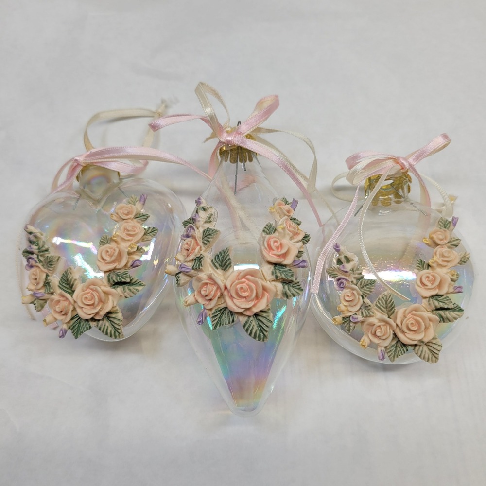 3 House of Lloyd Christmas Around Victorian Rose Iridescent Glass‎ Ornament
